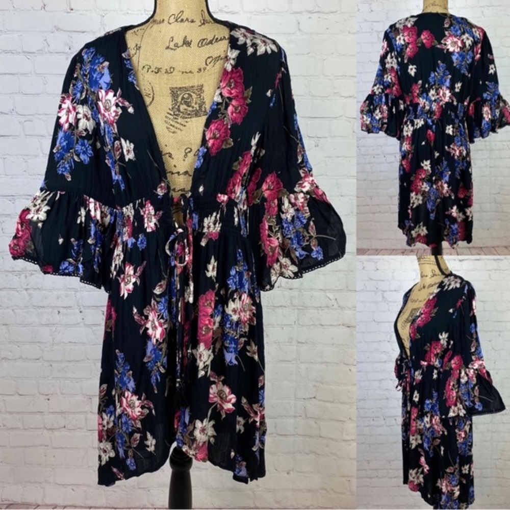 Angie Floral Open Front Tassel Ties Split Bell Sleeves Kimono